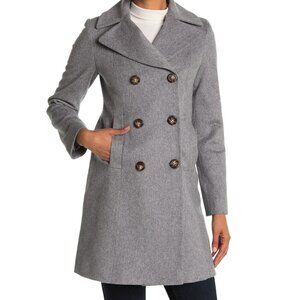 New w/Tags Fleurette Notch Collar Double Breasted Wool Coat in Grey Heather, 14